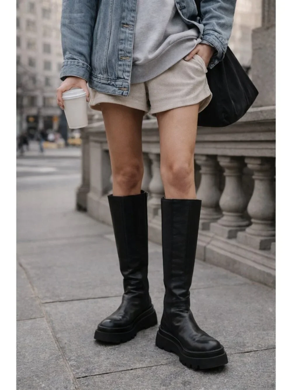 ZARA Black Leather Knee High Boots Chunky Platform Lug Sole Pull On Women Sze 41